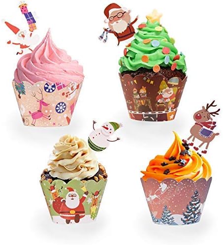 96 PCS Christmas Party Supplies Cupcake Toppers and Wrappers for Cake Decorations