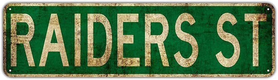 Señal de carretera Raiders St Retro - Letrero de metal de 4 x 16 pulgadas, decoración de pared de aluminio para cueva de hombre, tablero de