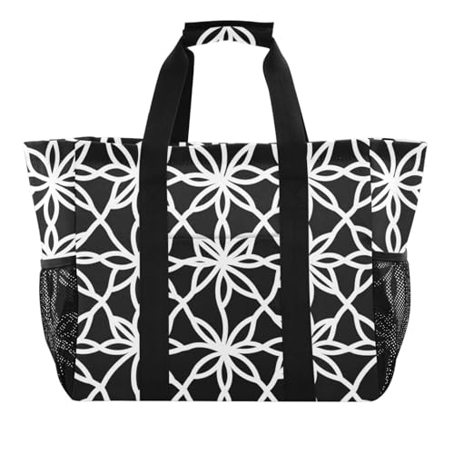 europen geometric floral white black Utility Bags And Totes Reusable Grocery Shopping Bags Foldable Beach Tote Bag With Pockets Canvas Laundry Tote Bag