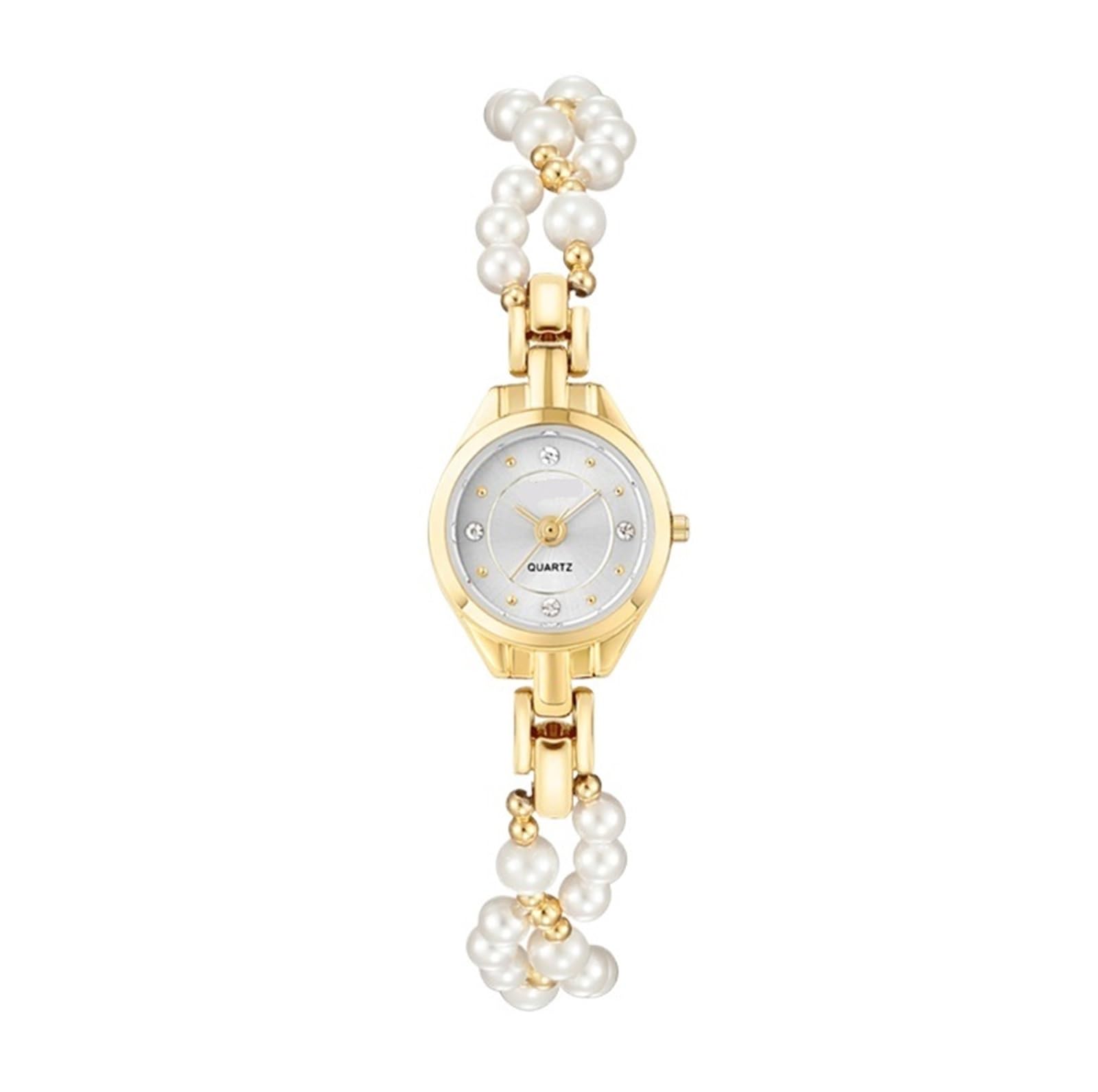 Elegante, zierliche Damen-Quarzuhr, luxuriöses Perlenarmband, modische Damen-Armbanduhr mit Verstellbarer Kette Armbanduhr(Gold White)