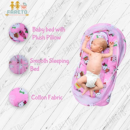 Image of Fareto Baby Folding Teddy Print Mattress with Mosquito Net(0-6 Months) (Pink)(Size: L-34Inchs, B-22Inchs)