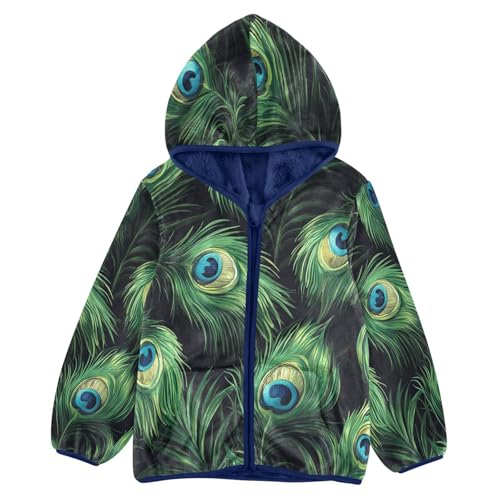 Peacock Feathers Toddler Fleece Jacket Girl Boys Hooded Fleece Jacket Coat Warm Outwear Zip-up 3-10T