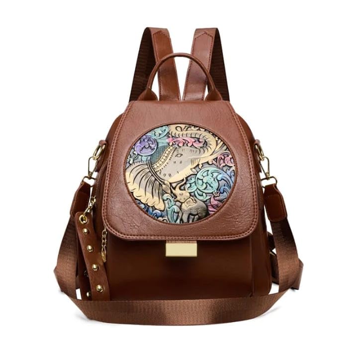 Stylish Women's PU Leather Backpack Handbag with Elephant Art Print-picture-36