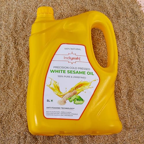 Image of Indiyeah Cold Pressed White Sesame Oil - 100% Pure and Unrefined, Naturally Cholesterol-Free | Enriched with Vitamin E and K | Rich Aroma & Flavor of Real Sesame Seeds | No Foaming | Ideal for Daily Cooking and Multipurpose Usage | A1 Grade Sesame Seeds | Cold pressed Gingerly Oil | Til Ka Tel |Purity in Every Drop | Heart-Healthy Cooking Oil | (5L HDPE, 1, count)