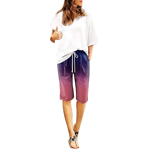 Print Summer High Waisted Bermuda Shorts for Women Plus Size Pants Lacing Beach Cotton Cropped Pants with Pockets
