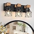 FadimiKoo 3-Light Farmhouse Vanity Light for Bathroom, Wood Bathroom Light Fixtures Over Mirror, Industrial Black Vanity Light with Metal Lampshade for Bedroom Hallway Living Room