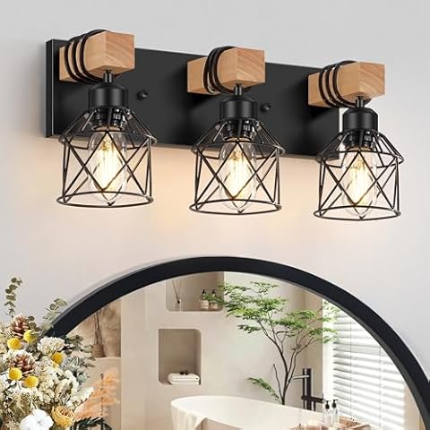 FadimiKoo 3-Light Farmhouse Vanity Light for Bathroom, Wood Bathroom Light Fixtures Over Mirror, Industrial Black Vanity Light with Metal Lampshade for Bedroom Hallway Living Room Cover