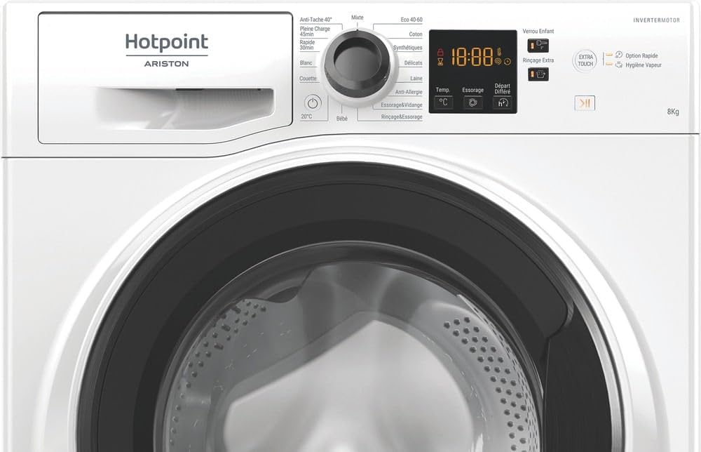 Hotpoint - NS8489WKFR Lave-linge Hublot Posable - Capacité 8kg - Essorage 1400 tr/min - Écran Digital, Pesée Automatique - H 85 x L 59,5 x P 60,5 cm - Classe Énergétique A - Blanc