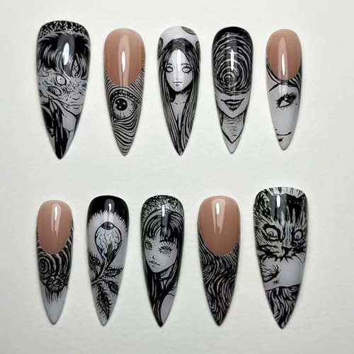 24Pcs Gothic Press On Nails Long Stiletto Fake Nails Black White Cartoon Anime Designs Punk Acrylic False Nails Horror Full Cover Glue on Nails Almond French Tip Stick On Nails for Women Manicure