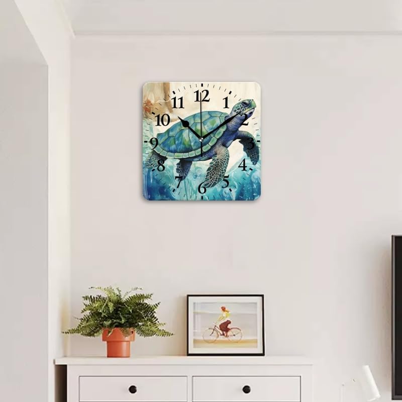Quartz Wall Clocks Non-Ticking Silent Battery Operated Modern Wall Clocks Decorative for Home,Bedroom-Watercolor Painting of Elegant Cute Sea Turtle(16inch)