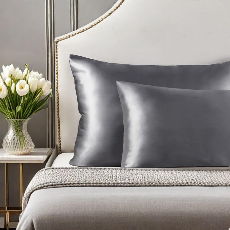 Image of 2 Pack Zippered Satin Toddler Pillowcaes, 14x 20 Inches, Luxury and Silky Soft Travel Zip Pillow Cases (Standard, Dark Grey)