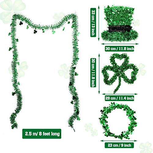 WILLBOND 4 Pieces St. Patrick\'s Day Green Tinsel Garland Include Shamrock Wreath, Wire Garland and Leprechaun Hat for Irish St Patrick Party Favor Home Wall Decorations