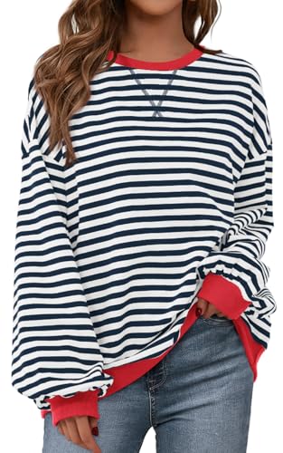 Image of PRETTYGARDEN Womens Striped Oversized Sweatshirt Color Block Crew Neck Long Sleeve Casual Loose Pullover Top Y2K Clothes