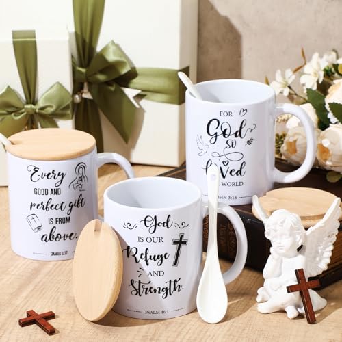 Set de 12 tazas cerámicas religiosas con tapa y cuchara miniatura 5