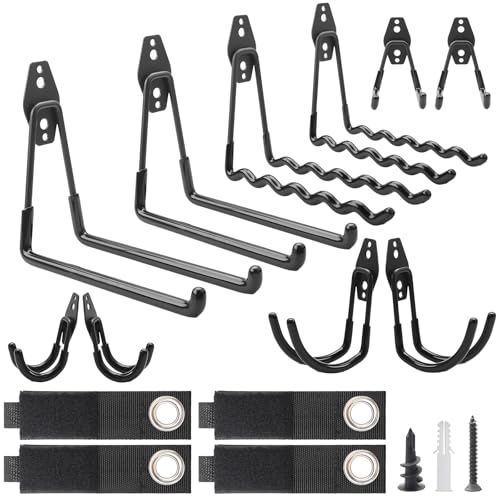 OulQinyhome Set de 14 Ganchos de Pared Resistentes para Garaje – Ganchos Dobles Metálicos para Colgar Herramientas Bicicletas Escaleras y Más