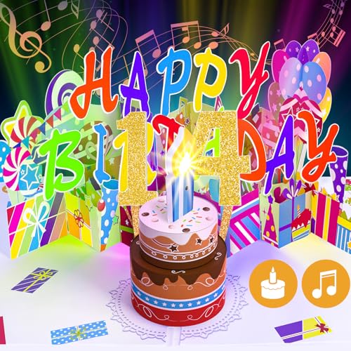 Image of Gumry 14th Pop-Up Musical Birthday Card with Blowable LED Candle for Teens