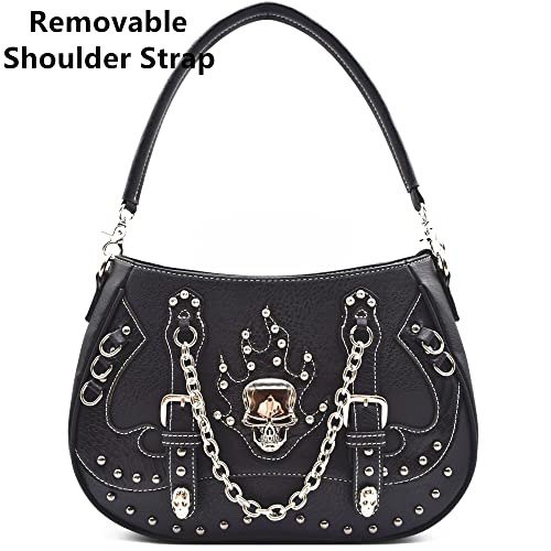 WESTERN ORIGIN Punk Gothic Skull Chain Crossbody Handbag Removable Strap Purse Women Single Shoulder Bag/Wallet Black2