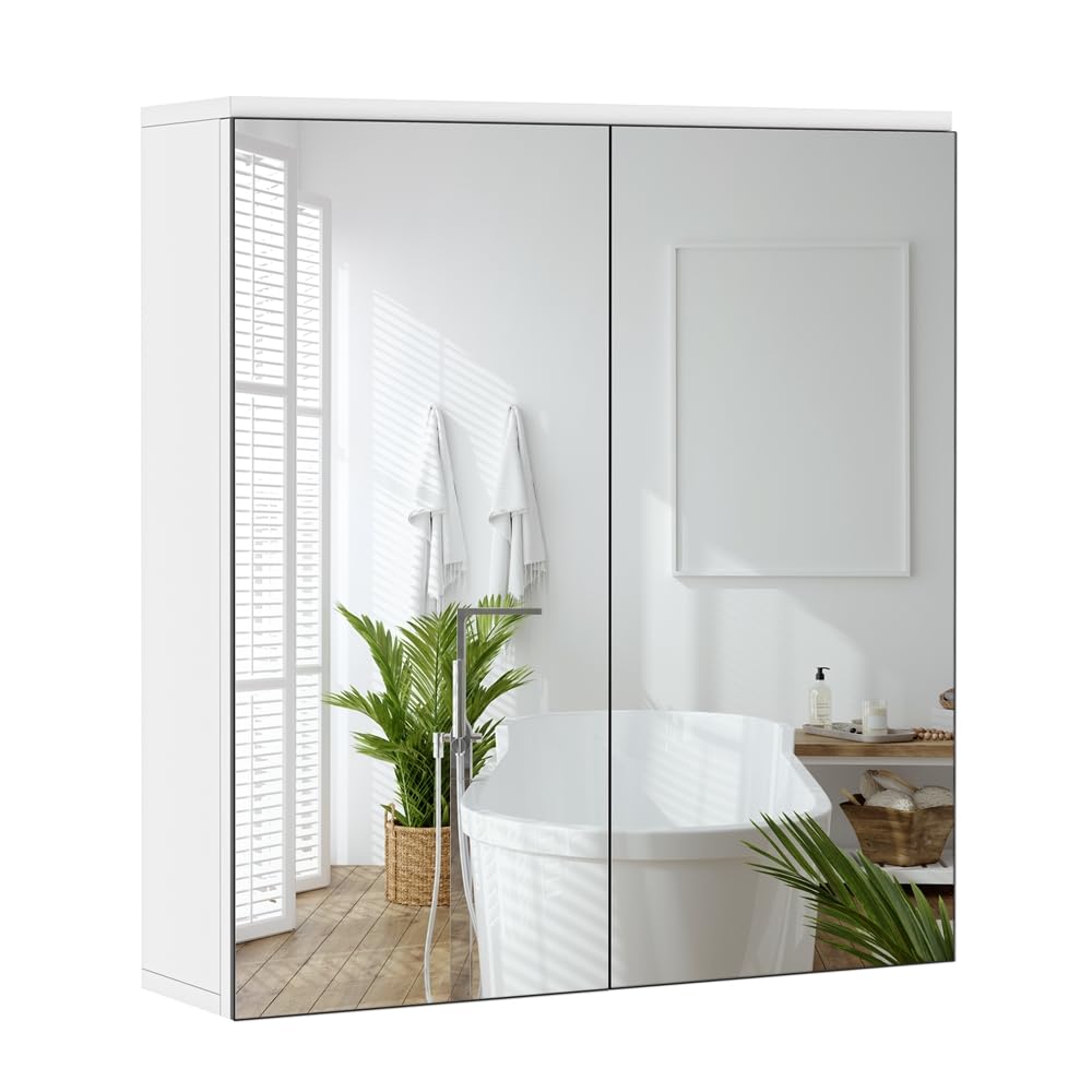 Yaheetech Armario de Baño Pared con Espejo Armario de Baño para Colgar Mueble de Baño Suspendido Organizador con 2 Puertas/con Estantes Ajustables 63x15x65cm Blanco