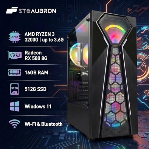 Image of STGAubron Gaming PC Desktop Computer, AMD Ryzen 3 3200G 3.6 GHz, Radeon RX 580 8G, 16G RAM, 512G SSD, WiFi 6, BT 5.0, RGB Fan x 4, Windows 11 Home