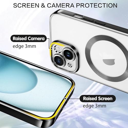 Image of VONZEE Electroplating Transparent Clear Logo Back Cover TPU for iPhone 15 Case with Magsafe, Full Body & Individual Camera Protection for Each Lens for Men & Women (Black)