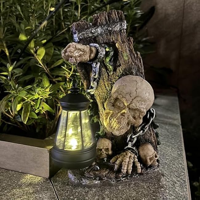 Realistic Halloween Skeleton Solar Skull Statue Home Decor, Chained Skull and Bones Holding Lantern Light, Outdoor Garden Decor for Porch Patio Yard, Skeleton Statue Collectible Gifts
