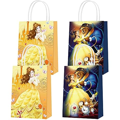 THREEMAO 16 Pcs Princess Belle Party Paper Gift Bags, 2 Styles Party Favor Bags with Handles for Beauty and the Beast Party Decorations, Goody Bags Candy Gift Bags for Boys Girls Party Favors Cover