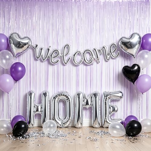 Image of TONIFUL 2 Size Silver WELCOME HOME Foil Balloons Banner Letter Decorations