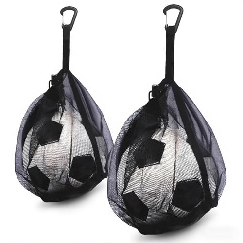 LHWINYI 2Pcs Single Mesh Ball Bag for Basketball Soccer & Volleyball Lightweight Net Storage with Zipper Pocket for Sports Portable Drawstring Bags with Hanging Clip for Men Women & Athletes Black