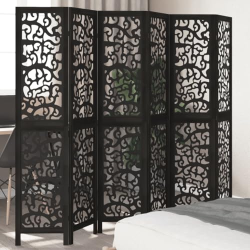 Vetnasa Biombo Separador de 6 Paneles Madera Maciza Paulownia Negro Mobiliario, Divisores de ambientes Negro 14 KG