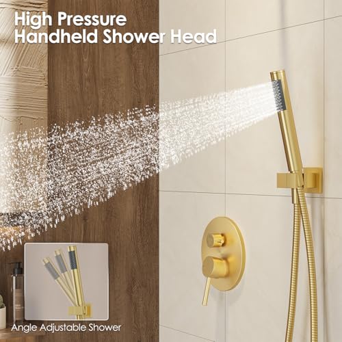 Image of Gabrylly Brushed Gold Bathtub Shower Faucet Set with Tub Spout, 10 Inch Wall Mounted High Pressure Rainfall Shower Head with Handheld Combo, 3-Way Diverter Valve Complete Bathroom Shower Fixtures