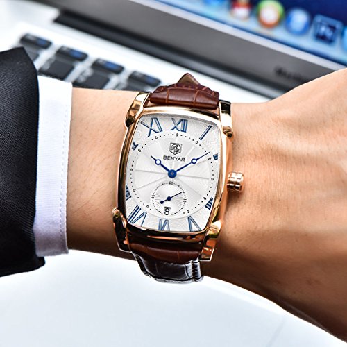BENYAR Men's Classic Waterproof Rectangular Design Classic Business Leather Strap Watch