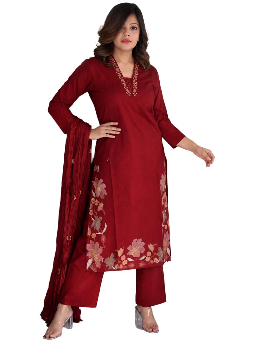 GoSriKi Women's Viscose Embroidery Straight Kurta with Palazzo & Dupatta (MURARI Maroon-GS_XL_Maroon_X-Large)
