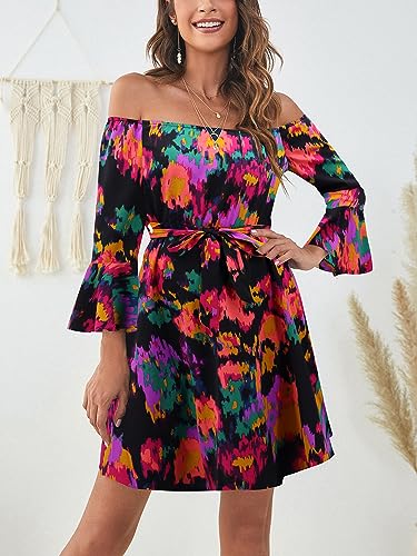 Image of Off Shoulder Ruffle Dress for Women, A-Line Mini Dress with Belt, Fitted Bust Summer Wedding Guest Dress