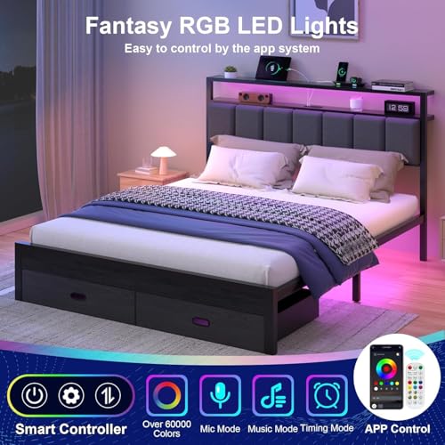 Image of Full Bed Frames with Storage Drawer, Platform Bed with Charging Station and LED Lights, Upholstered Headboard with 2-Tier Storage Shelves, No Box Spring Needed