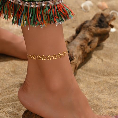 Image of Anklets for Women Dainty CZ Ankle Bracelet 18K Gold Plated Waterproof Boho Dot Star Moon Daisy Ocean Beaded Anklet Trendy Foot Jewelry