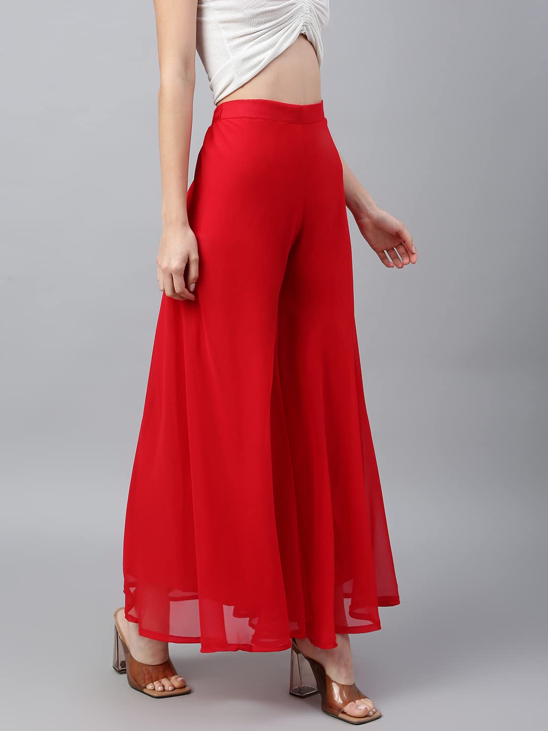 RATAN Women High Rise Georgette Flared Freesize Relaxed Fit Sharara Palazzo Pant With Lining (Red_Onesize) 2
