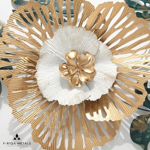Image of F-RIQA METAL Modern Golden Floral Metal Wall Art for Living Room | Handcrafted 3D Iron Flower Wall Decor Metal Wall Art Leaf Design | Luxury Wall Hanging Decoration for Living Room, Bedroom, Hallway & Office 42x20 INCH (Americana)