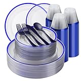 BESTSTAR 350PCS Blue and Clear Plastic Dinnerware Sets for 50 Guests, Include 100 Blue Disposable Plates, 100 Forks, 50 Knives, 50 Spoons, 50 Cups,christmas party supplies