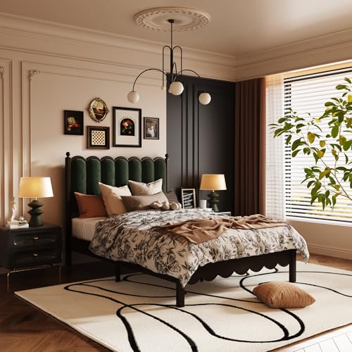 viplov Wooden Full Size Bed Frame Velvet Platform Bed with Tall Upholstered Headboard Solid Wood Four Poster Bed Vintage Style Bed Frame with Wood Slats No Box Spring Needed Noise-Free Green
