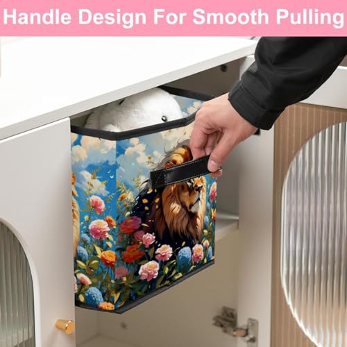 Boîte de rangement pliable durable à poignées cuir et motif lion mignon