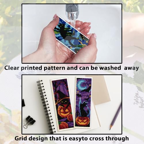 Image of ACRNIGHEET 6PCS Cat Cross Stitch Bookmark Kit DIY Halloween Bookmarks Cross Stitch Kit for Adult Beginners Pumpkin Cross-Stitch Stamped Kits 8.7x3.1inch Stamped Embroidery Bookmark with Instructions