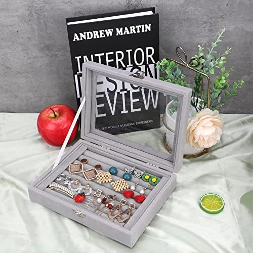 TSLBW Velvet Jewellery Box Jewellery Organiser for Ring Earring Necklace Jewellery Display Box Storage Box Jewellery Showcase with Lid for Women Girl (Ring, Grey)