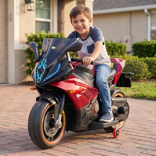 Image of Baybee SuperX Electric Bike for Kids 3+ Years | Baby Rechargeable Battery Bike with Training Wheels, Hand Accelerator, Foot Brake, Led Lights & Music | Battery Operated Bike for Kids to Drive (Red)
