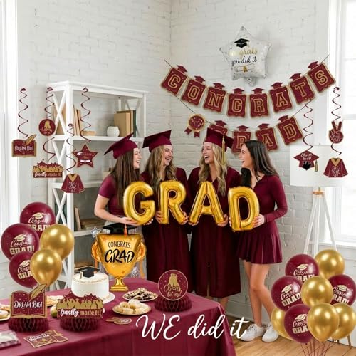 Image of Maroon Gold Balloons Burgundy GRAD Print Balloons with Banner Table Honeycomb Centerpieces Hanging Swirl trophy star GRAD Letters Mylar Balloons for 2026 graduate Prom Decorations