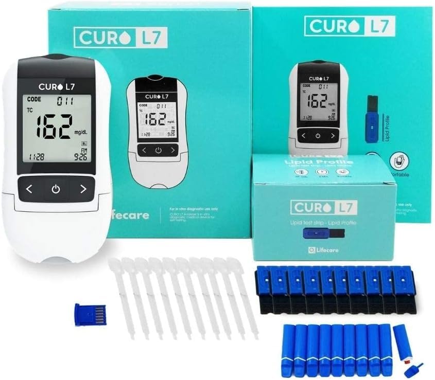 10 x Test Strips HOME Cholesterol Test Kit CUROfit L7 Professional Grade All in One Included 1 x Test Device 10 x Test Strips Lancets & EziTube Rod