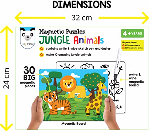 Image of Play Panda Magnetic Puzzles Jungle Animals 10 in 1 with 10 Magnetic Puzzles,Write&Wipe Magnetic Board,50+ GK Facts,Sketch Pen&Duster-Make Beautiful Magnetic Animals-Educational Toy for 3+