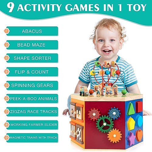 Image of Large Activity Cube, 9-in-1 Farm-Themed Wooden Play Center, Multipurpose Montessori Toy for 1-2 Year Old Baby Toddler Kid, First Birthday Gift | Bonus Magnetic Train Cars