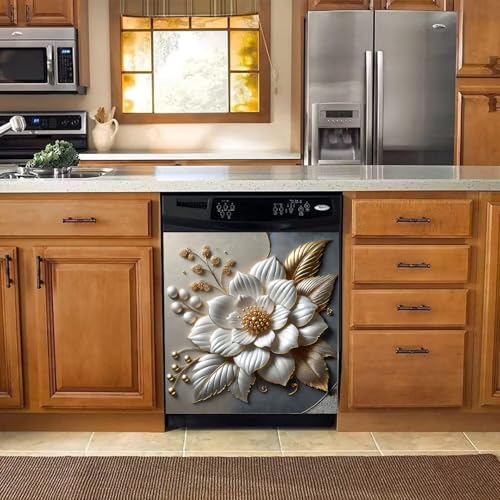 Image of BVBOX Dishwasher Magnet Cover 23 inchx26 inch, Reusable Magnetic Refrigerator Covers, Dishwasher Magnets Decorative Cover Fridge Door Skin Panel Stickers for Home Kitchen Appliance,Metal Embossed Flowers