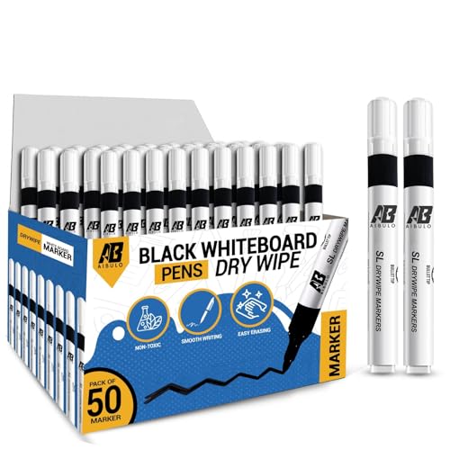 Aibulo 50x Black Whiteboard Pens | Dry Wipe Marker Bullet Tip | Non-Toxic Low Odor Ink | Erasable White Board Markers for Classroom Office & Home