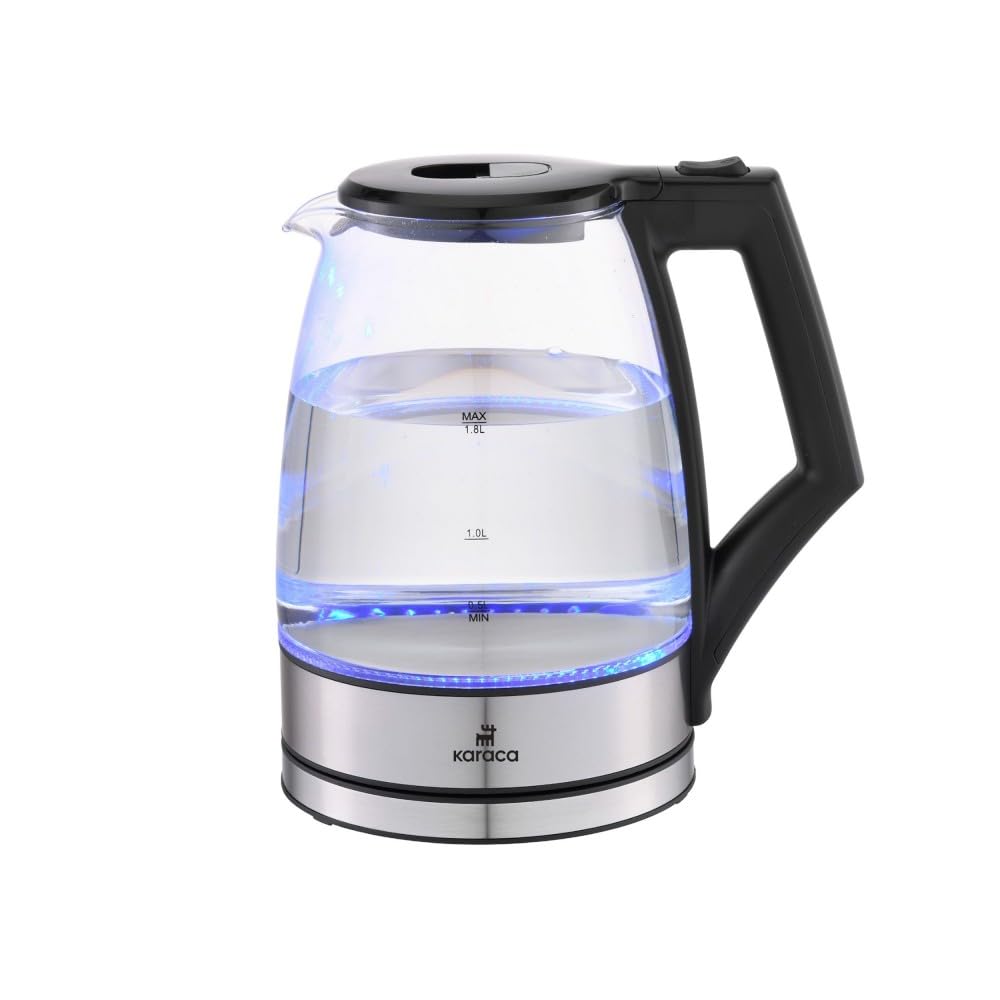 Karaca Glacia Glass Kettle Electric 1.8 L - 2200W Fast Boil, Quiet, Stainless Steel Electric Kettles with Light, Clear Kettle, Temperature Control